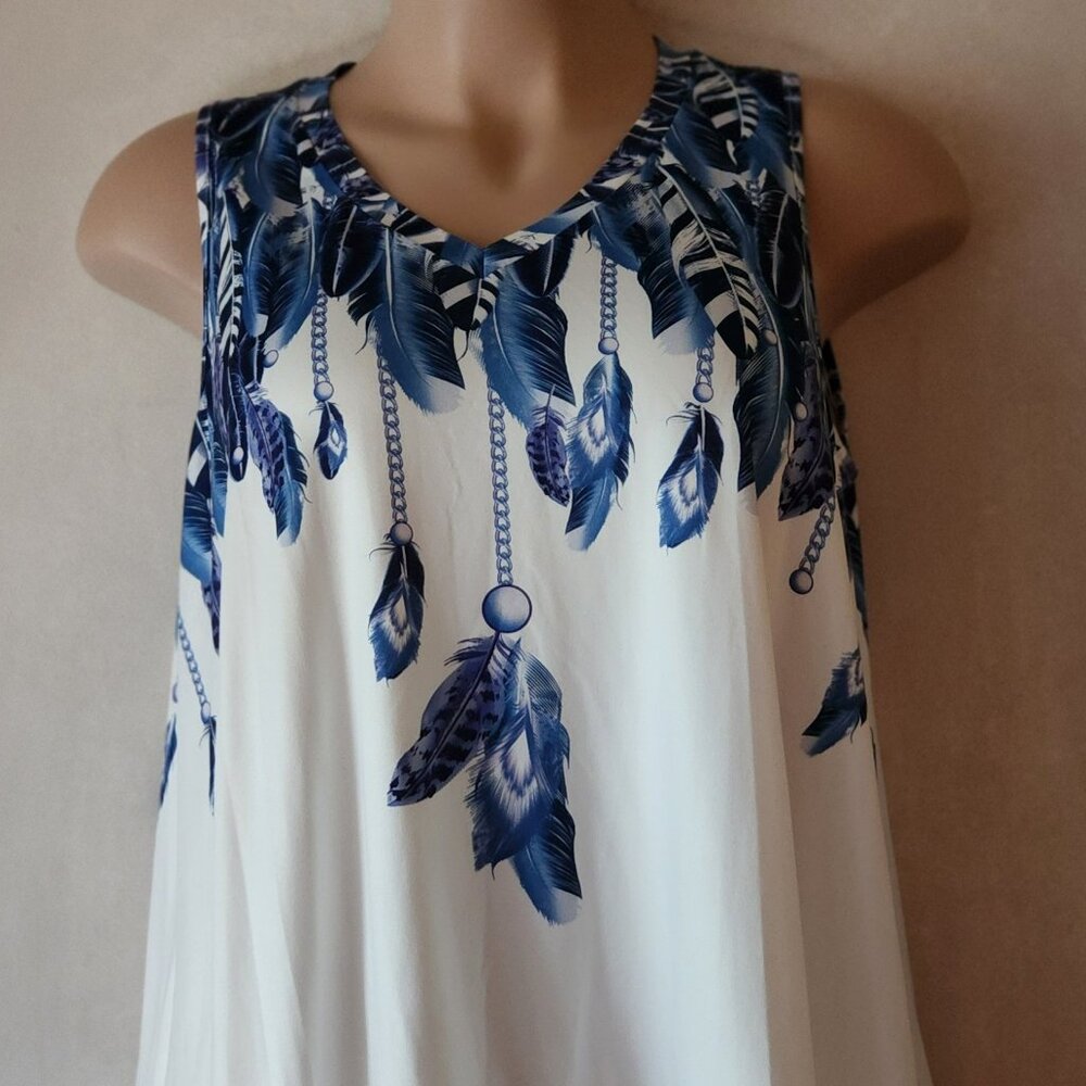 Emery Rose tank top sz 2X blue white feather print EUC
